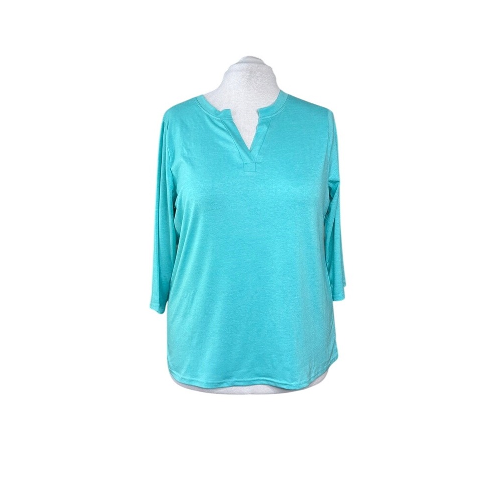Women's Plus Size 3/4 Sleeve V Neck Shirt Top XXL Blue Normcore Casual NEW